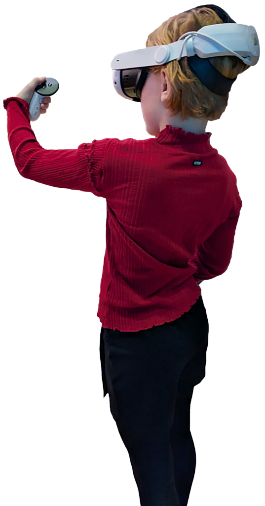 Mädchen mit VR-Brille interagiert mit virtueller Welt.